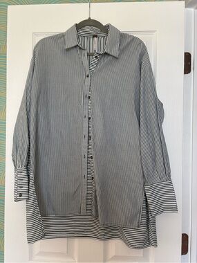 Free People Green and White Striped Button-Down Shirt